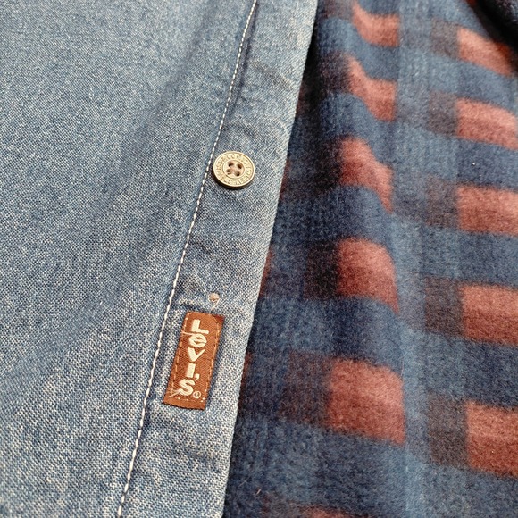 Levi Strauss Shirt Jacket Mens L Blue Denim Flannel Plaid Lined Shacket Quilted - Picture 4 of 14